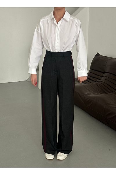 Laluvia Black - Burgundy Garnished Palazzo Trousers - 51092