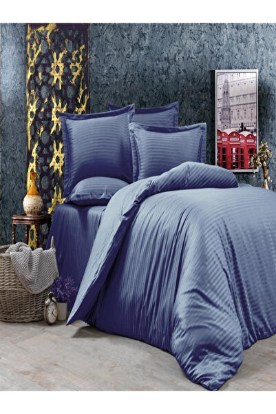 vionetta طقم غطاء لحاف مفرد من القطن الساتان المخطط من سلسلة إنديجو فندقية مع...