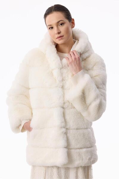 Tığ Triko Enine Çizgili Kapşonlu Kürk Kaban EKRU