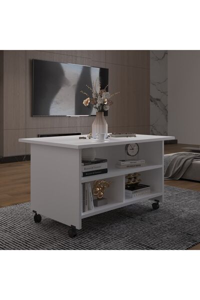 asratrend Lüks Raflı Tekerlekli Orta Sehpa %100 MDF Yemek Çalışma Masası OS001