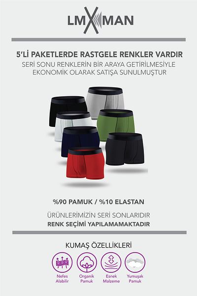 lmxman 5 Pieces Men's Boxer Shorts - Cotton, Breathable, Burgundy-Gray, M-Xxl