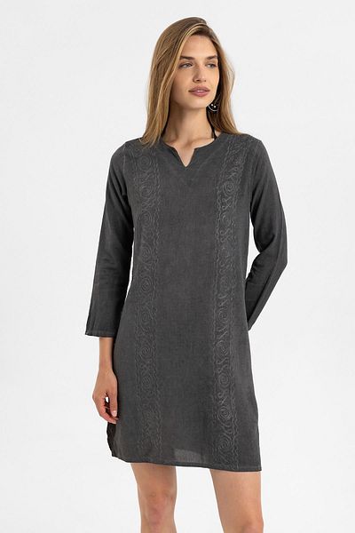 Deriderim Rochie scurtă din bumbac, fără căptușeală, cu mânecă lungă, brodata cu broderie gri