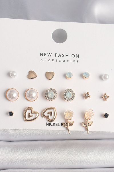 SeyCey.co Brass Gold Color White Enamel Rose Figure Zircon Stone Pearl Detailed 9 Pairs Women's Earring Set