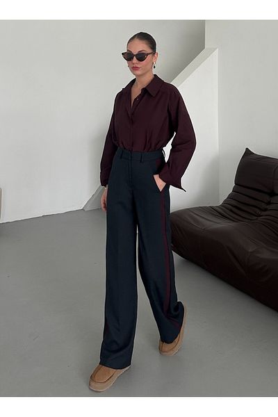 Laluvia Navy Blue - Burgundy Garnished Palazzo Trousers - 51092