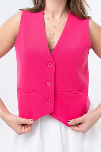 Saade Fuchsia Pocket Detailed Collared 3-Button Closure Lined Vest