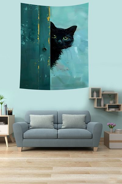 on the clouds Kitten Tapestry with Black Non-Stay Fabric - Wall Cover and Carpet