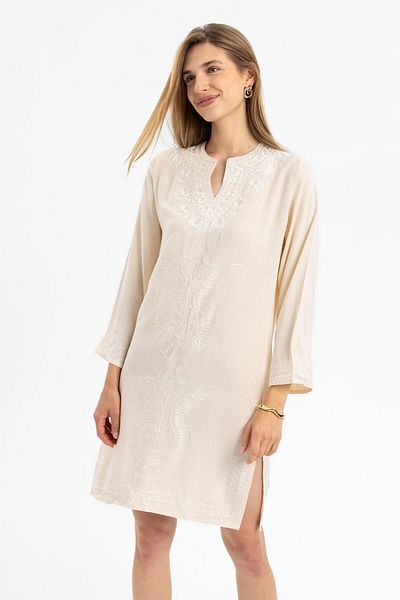 Deriderim Rochie scurtă din bumbac, fără căptușeală, cu mânecă lungă, broderie crem