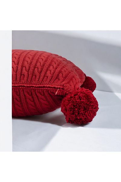 ASDİVA Knitted Model Red Pompom Handmade Decorative Throw Pillow Cover