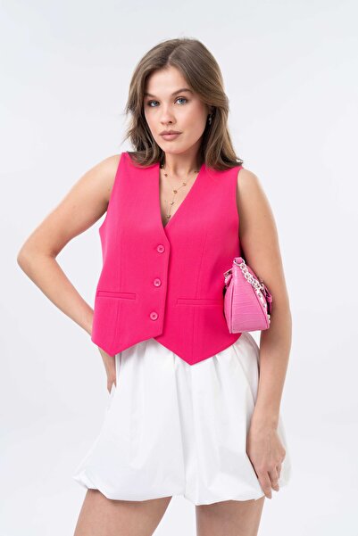 Saade Fuchsia Pocket Detailed Collared 3-Button Closure Lined Vest
