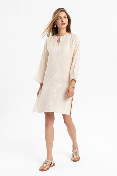 Deriderim Rochie scurtă din bumbac, fără căptușeală, cu mânecă lungă, broderie crem