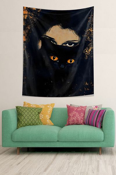 on the clouds Cat Patterned Black Tapestry - Women's Eye Stain Resistant Fabric, Wall Cover and Carpet