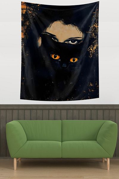 on the clouds Cat Patterned Black Tapestry - Women's Eye Stain Resistant Fabric, Wall Cover and Carpet