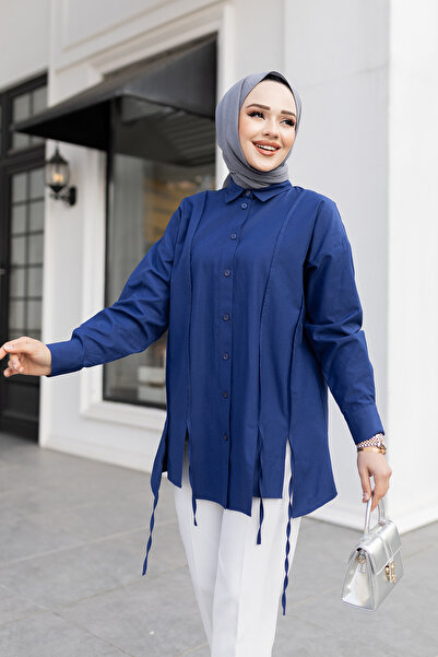 LOCCO Women's Rope Detailed Slit Shirt Navy Blue