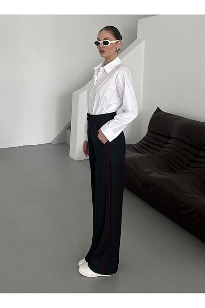 Laluvia Black - Burgundy Garnished Palazzo Trousers - 51092