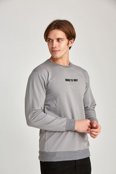WERRONİ Men's Slim Fit Two Thread Fabric Ashes to Dust Ba Printed Zun Sleeves Gray Color T-Shirt