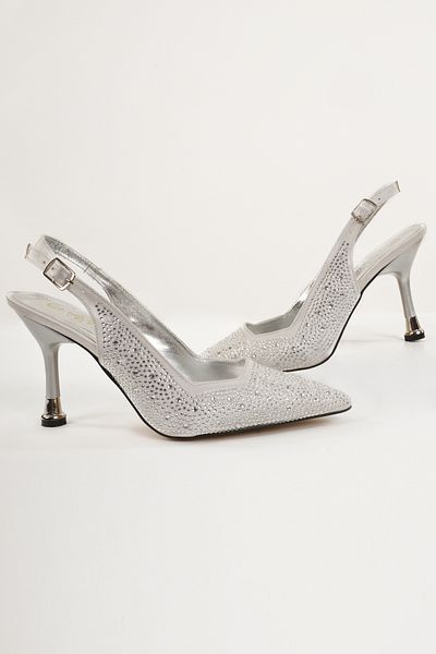 Eray Women's Silver Open Back Pointed Toe Stone Evening Shoes