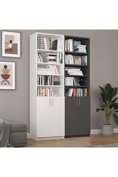 asratrend Asra Trend MDF Beyaz/Koyu Gri Kapaklı Kitaplık – Ayarlanabilir Raf,...