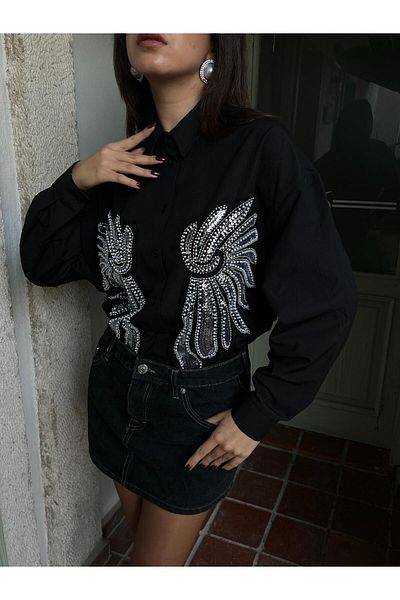 minaaise Cămașă neagră din popelin pentru femei, cu tăietură largă, cu tul în față și accesorii cu paiete 29025