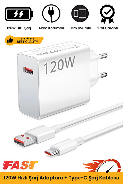 Noriyen Premium Ultra Hızlı 120W Hızlı Şarj Seti Adaptör + Type C Kablosu Tüm Telefonlara Uyumlu Şarj Cihazı