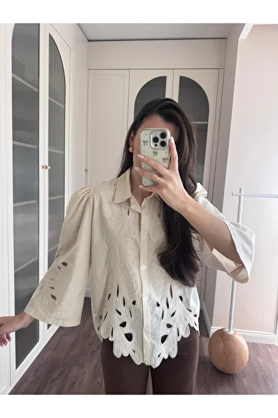 MELEK KOSTAK Women's Beige Design Scallop Embroidery Detail Balloon Sleeve Asymmetrical Shirt