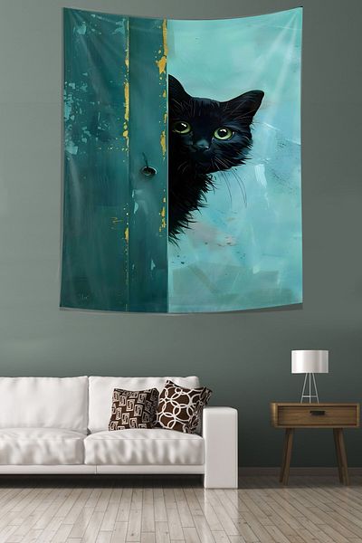 on the clouds Kitten Tapestry with Black Non-Stay Fabric - Wall Cover and Carpet