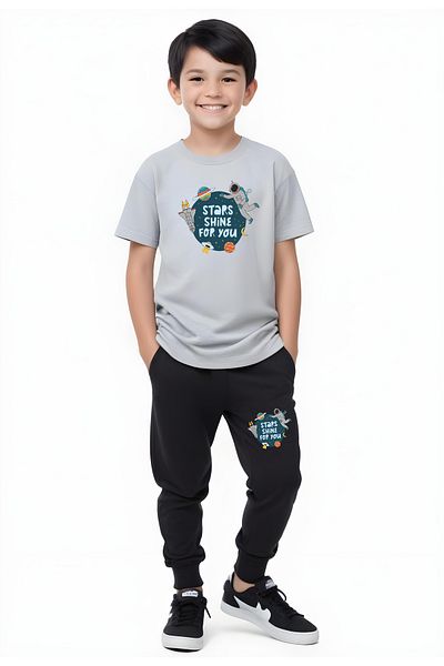 YA KO KİDS Shine Astronaut Printed Boys' Short Sleeve Double Pocket Bottom-Top Suit