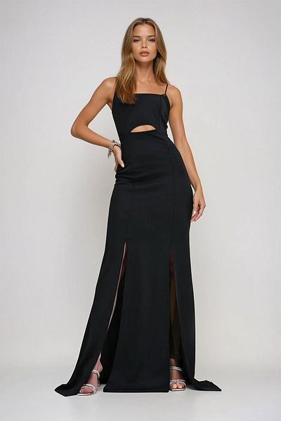 VAGGON Γυναικείο φόρεμα με μαύρο ρυθμιζόμενο λουράκι με κομμένο σκίσιμο στο σπίτι