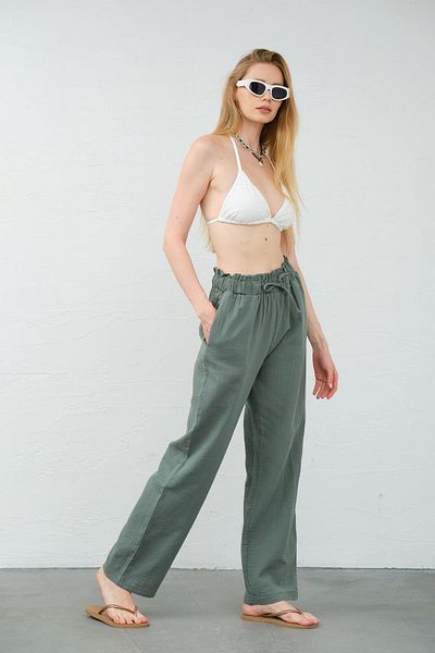 Maule Mint 100% Cotton Muslin Fabric Wide Cut Lace up Elastic Pocket Women's Trousers @Lugo