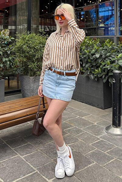 Madmext Bej Cep Detaylı Çizgili Kadın Gömlek MG2295