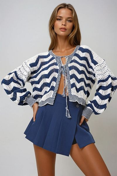 VAGGON Women's Navy Blue Bow Tie Striped Knitted Cardigan