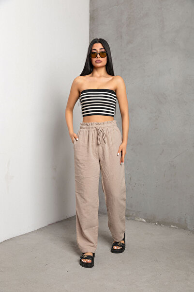 Maule Μπεζ ύφασμα μουσελίνας - 100% βαμβάκι, γυναικείο παντελόνι με κορδόνια και ελαστικές τσέπες @lugo