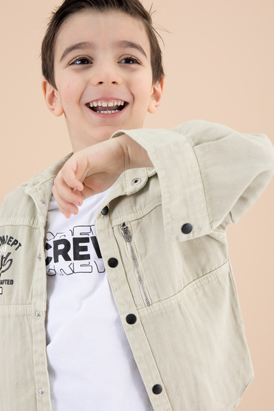 Cansın Mini Boy's Beige Zipper Pocket Text Printed T-Shirt Jacket 20090
