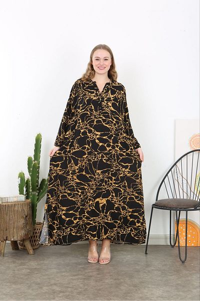Şans Women's Plus Size Black Woven Viscose Fabric Front Placket Button Long Sleeve Dress 65N38730
