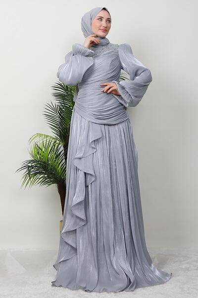 GİZ AGİYİM Gray Hijab Tulin Evening Dress