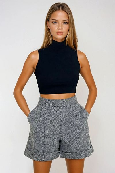 VAGGON Women's Gray Double Leg Double Pocket Winter Cashew Shorts