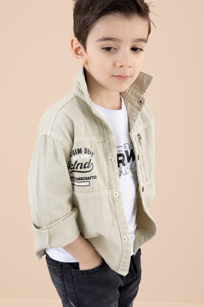 Cansın Mini Boy's Beige Zipper Pocket Text Printed T-Shirt Jacket 20090