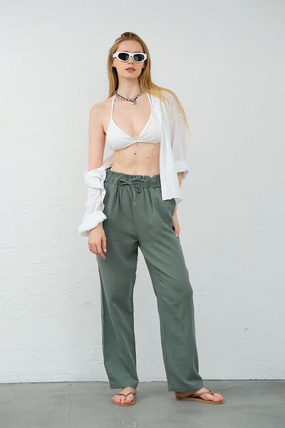 Maule Mint 100% Cotton Muslin Fabric Wide Cut Lace up Elastic Pocket Women's Trousers @Lugo