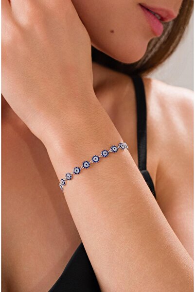 Tmt Silver Gümüş Rodyumlu Nazar Boncuklu Mavi Lacivert Su Yolu Sıralı Göz Bil...