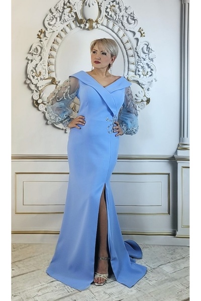 SANİSE Büyük Beden Uzun Mavi Renk Kolları Işli Abiye Elbise