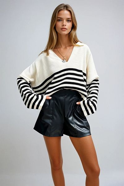 VAGGON Women's Ecru Polo Neck Striped Crop Sweater