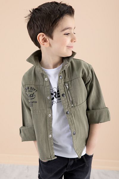 Cansın Mini Тениска с цип и джоб с текст в цвят каки 20092