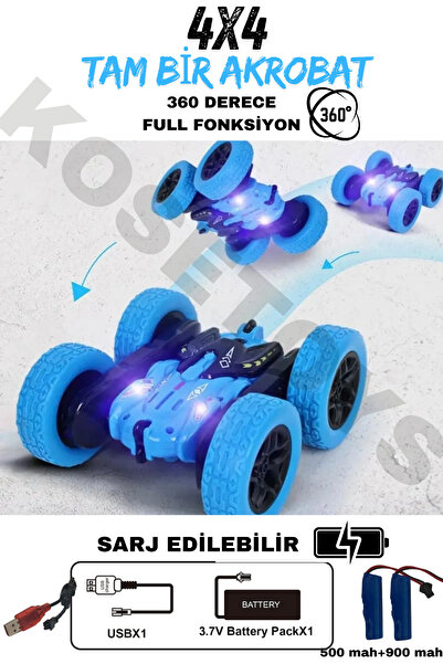 kosetoys Uzaktan Kumandalı Çılgın Araba Full Fonksiyon Işıklı Şarjlı 2.4 Ghz 4 Teker 360° Dönebilir