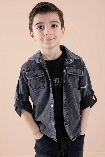 Cansın Mini Tricou cămașă din blugi cu imprimeu pe spate afumat Băieți Copii Costum 2 piese 20271