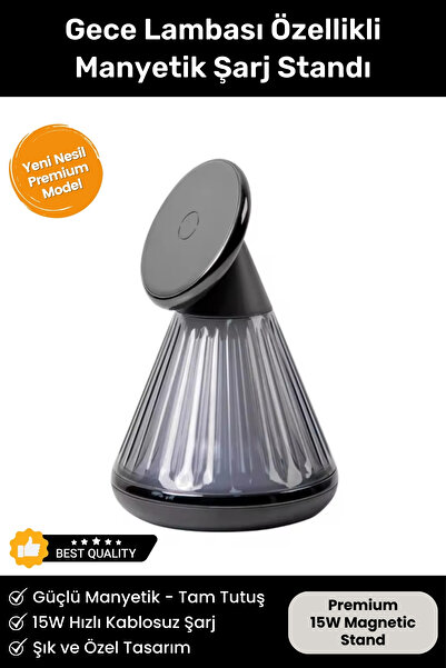 Noriyen Premium 15W Manyetik Hızlı Wireless Kablosuz Şarj Standı Gece Lambalı Apple iPhone Android Uyumlu