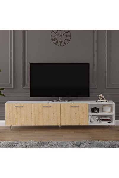 asratrend Asra Trend MDF Beyaz/Safir Meşe TV Ünitesi - 200 cm, Şık & Modern T...