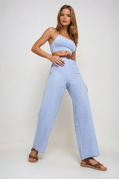 VAGGON Women's Light Blue Waist Belt Side Hidden Zipper High Waist Woven Pants