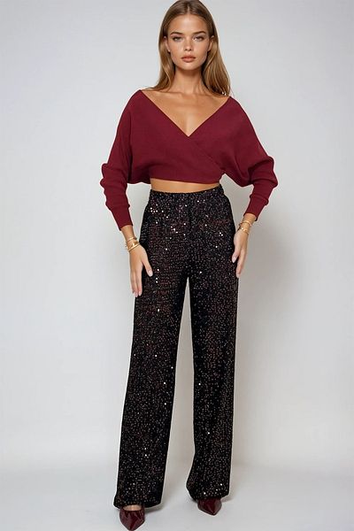 VAGGON Pantaloni Palazzo cu paiete cu talie înaltă de damă bordeaux