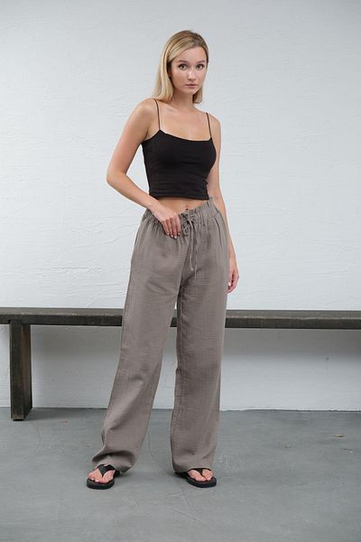 Maule Mink 100% βαμβακερό ύφασμα μουσελίνα με φαρδιά κοπή με κορδόνια ελαστικό γυναικείο παντελόνι με τσέπες @lugo