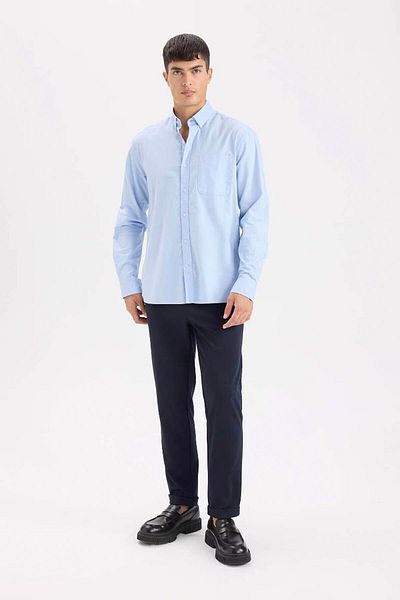 DeFacto Cămașă Oxford Basic Polo pentru bărbați - albastru, solid, mânecă lungă A8028AX/BE196