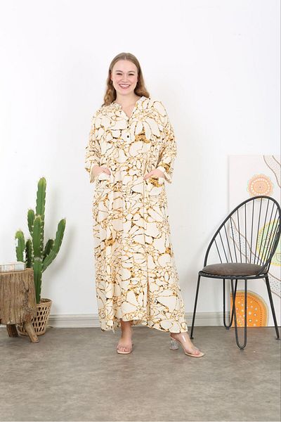 Şans Women's Plus Size Bone Woven Viscose Fabric Front Placket Button Long Sleeve Dress 65N38730